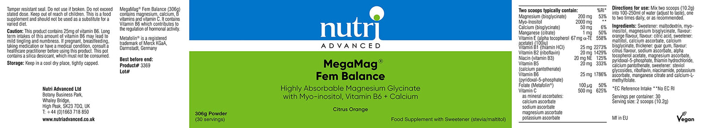 Nutri Advanced MegaMag Fem Balance Magnesium Glycinate Powder - Female Health & Hormone Balance - Citrus Orange, 30 Servings