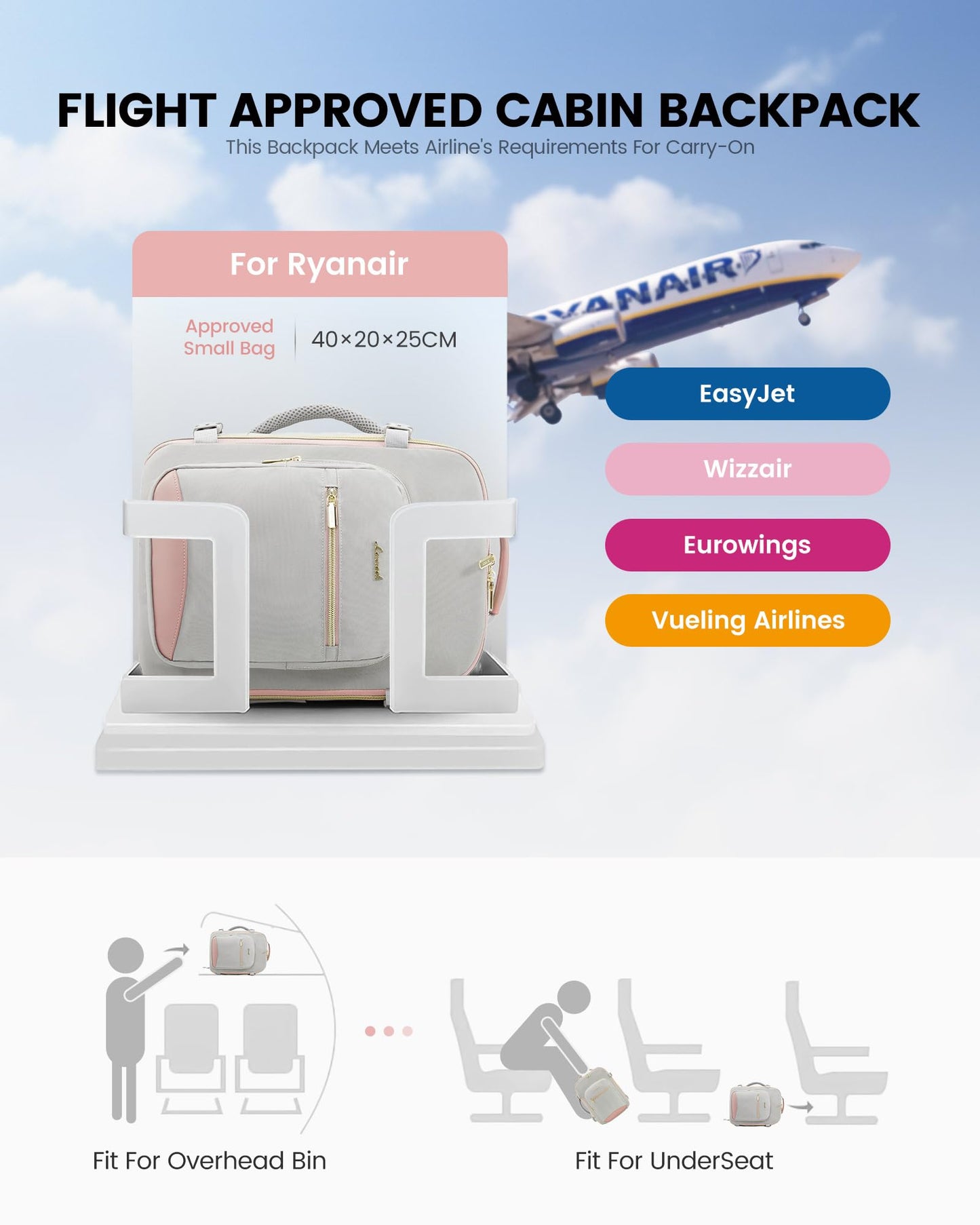 LOVEVOOK Ryanair Cabin Bags 40x20x25 Underseat Travel Bag Backpack 20L, Carry-Ons Hand Luggage Bag for Ryan Air Plane, Womens Small Under Seat Rucksack for Travelling