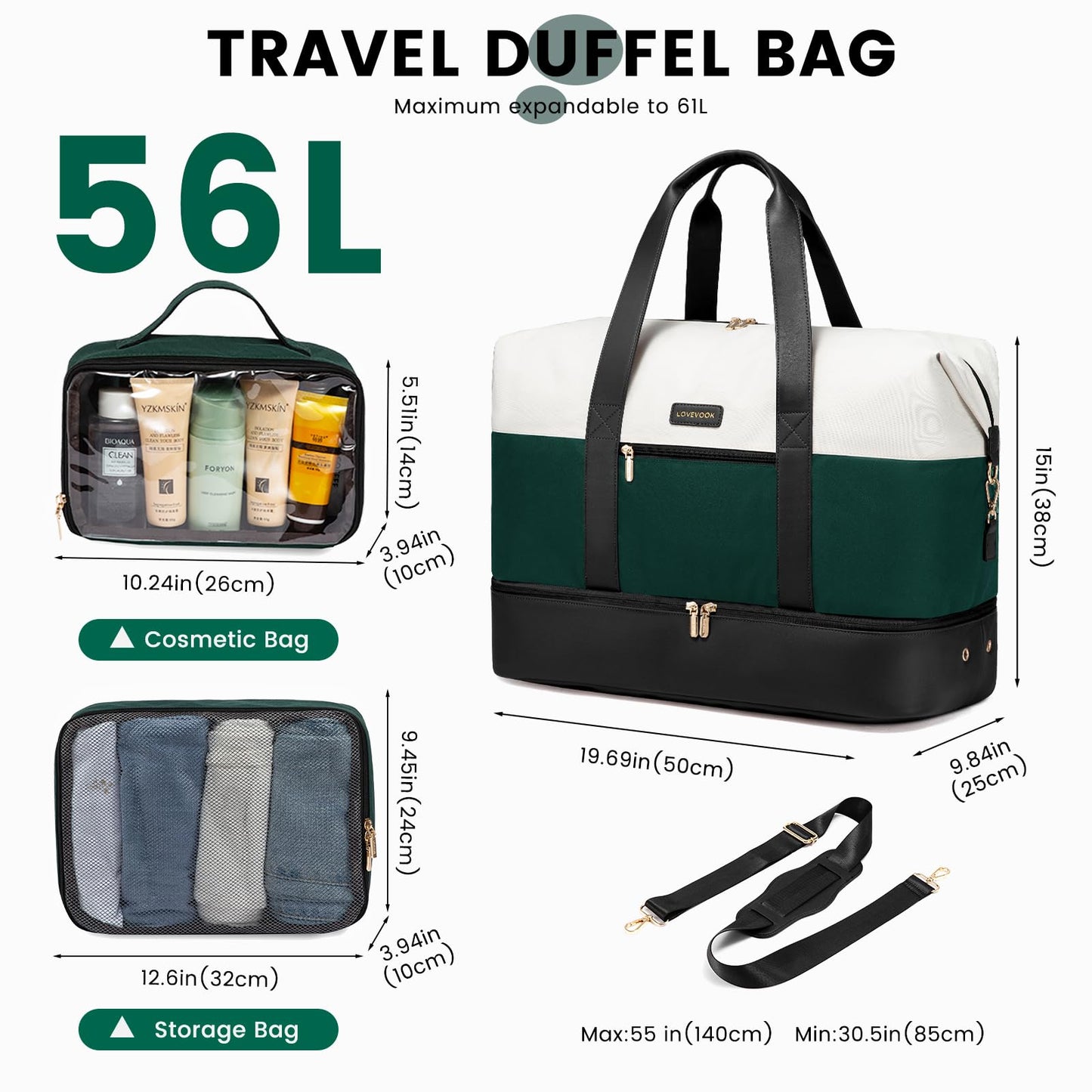 LOVEVOOK Travel Weekend Bag for Women, Waterproof Overnight Hospital Holdall Bags with Shoes Compartment & Trolley Sleeve, Travel Duffle Cabin Carry On Hand Luggage Bag for Ryanair easyJet