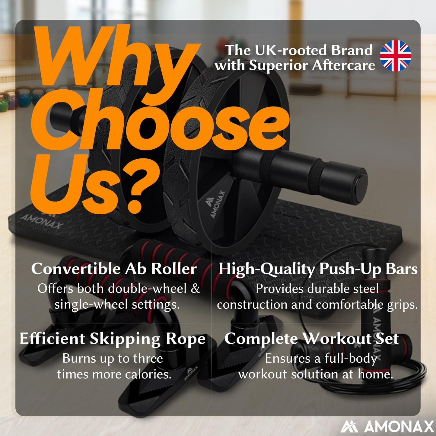 Amonax Gym Equipment for Home Workout (Ab Roller Wheel Set, Skipping Rope, Push-up Handles). Fitness Exercise, Strength Training Equipment for Abs, Weight Loss, Sport Accessories for Men Women