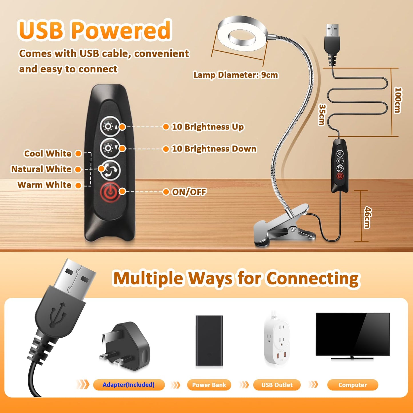 Akynite 7W USB Clip On Bedside Reading Light with Adapter, 3 Colour Changing & 10 Brightness, LED Nail Ring Light Clip on Desk, Flexible Clamp Beauty Lamp for Eyelash Extensions, Silver