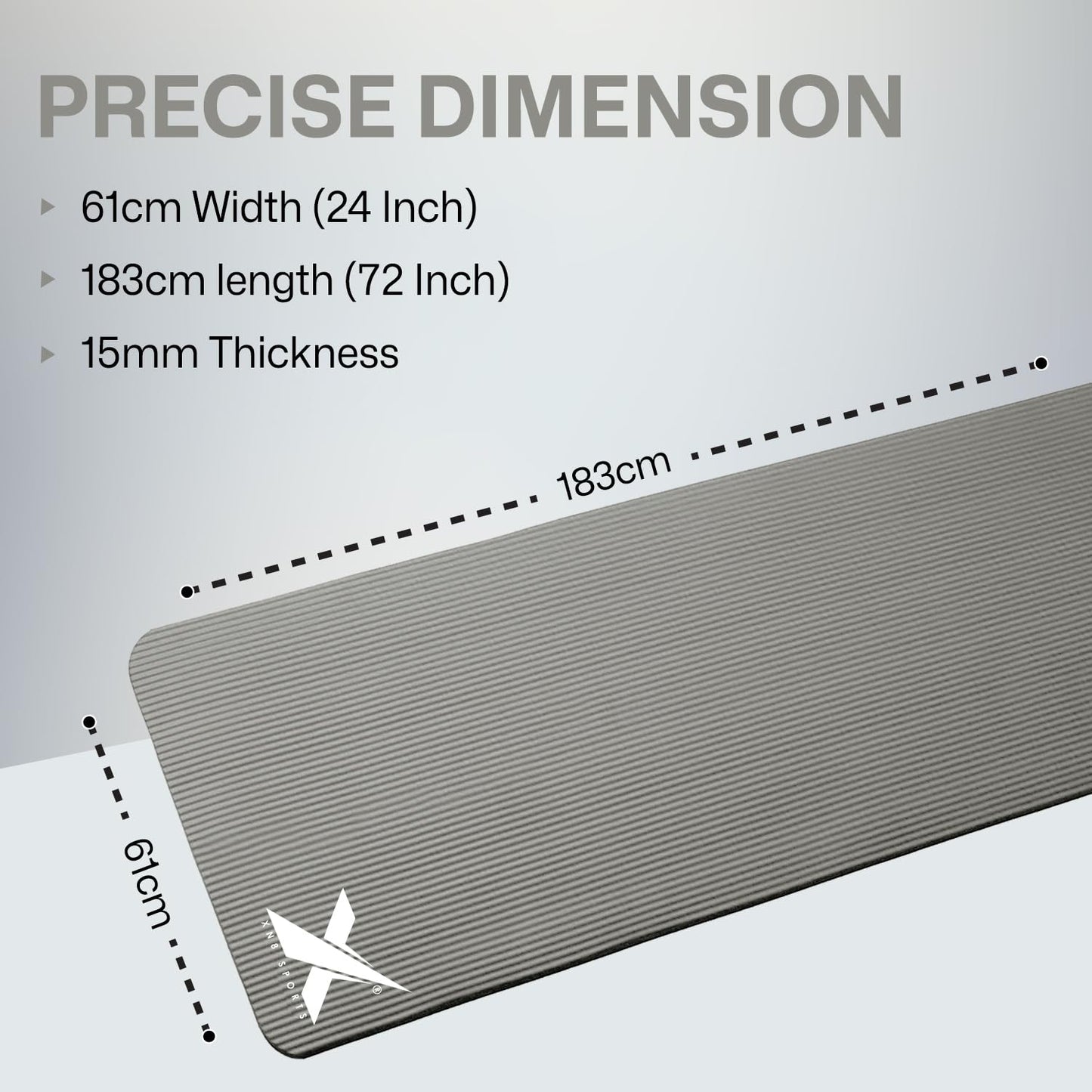 Xn8 Sports Yoga mat 15mm Thick NBR Exercise Mat - Non-Tearable Pilates Mat with Extra Carry Strap- Lightweight Yoga Mats for Women Men for Aerobics, Lunges, Planks Indoor & Outdoor 61x20x1.5 cm