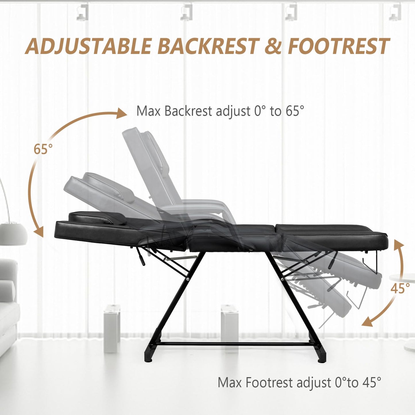 Bonnlo Professional Massage Table Tattoo Chair, Multi-Purpose 3-Section w/Adjustble Stool, Esthetician Bed Beauty Equipment for Spa Facial Waxing & Physical Therapy(Black)