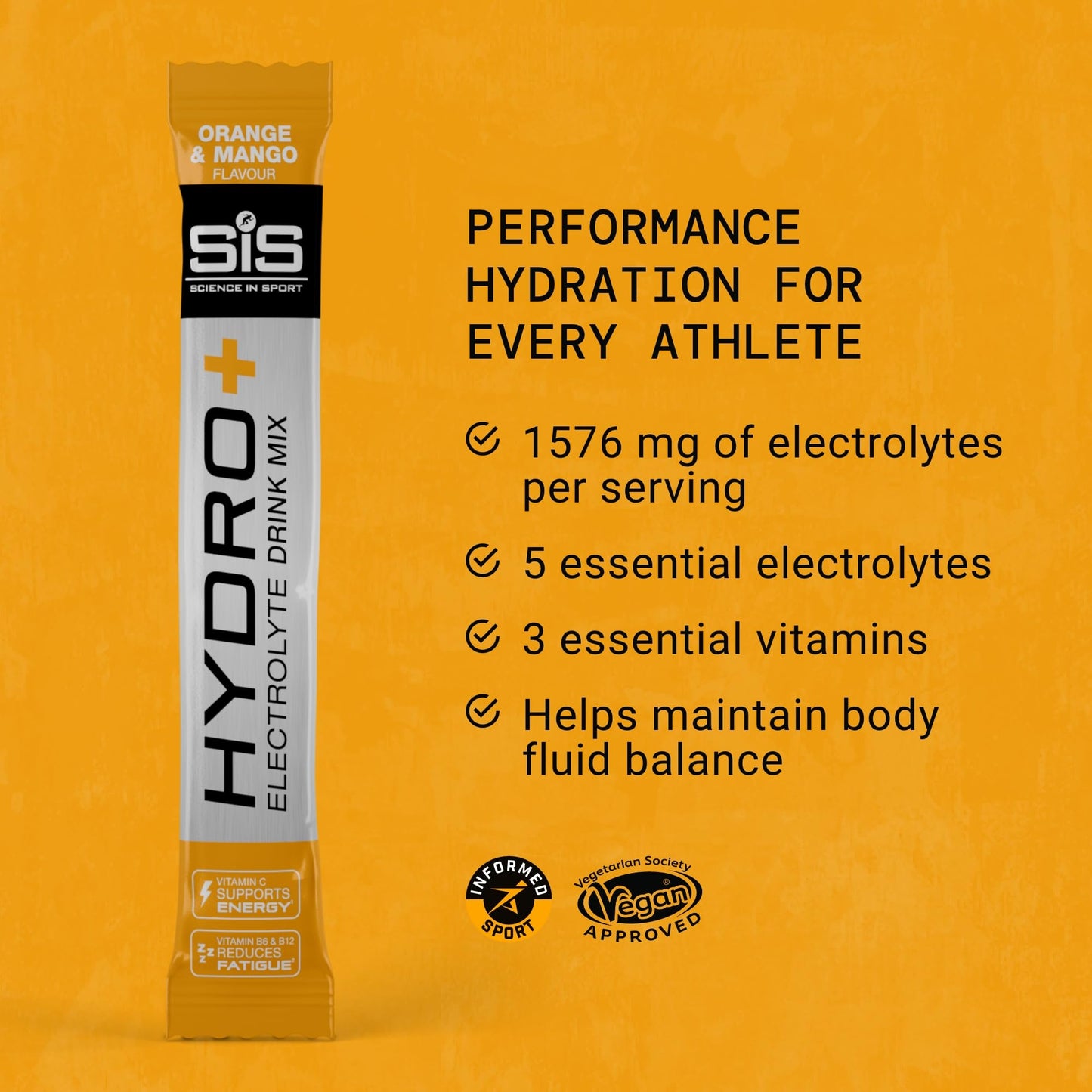 Science in Sport Hydro+ Electrolytes Powder Sachets with 5 Essential Electrolytes and Added Vitamins C, B6, and B12 for Hydration Drink | Orange Mango, Pack of 6 Sachets