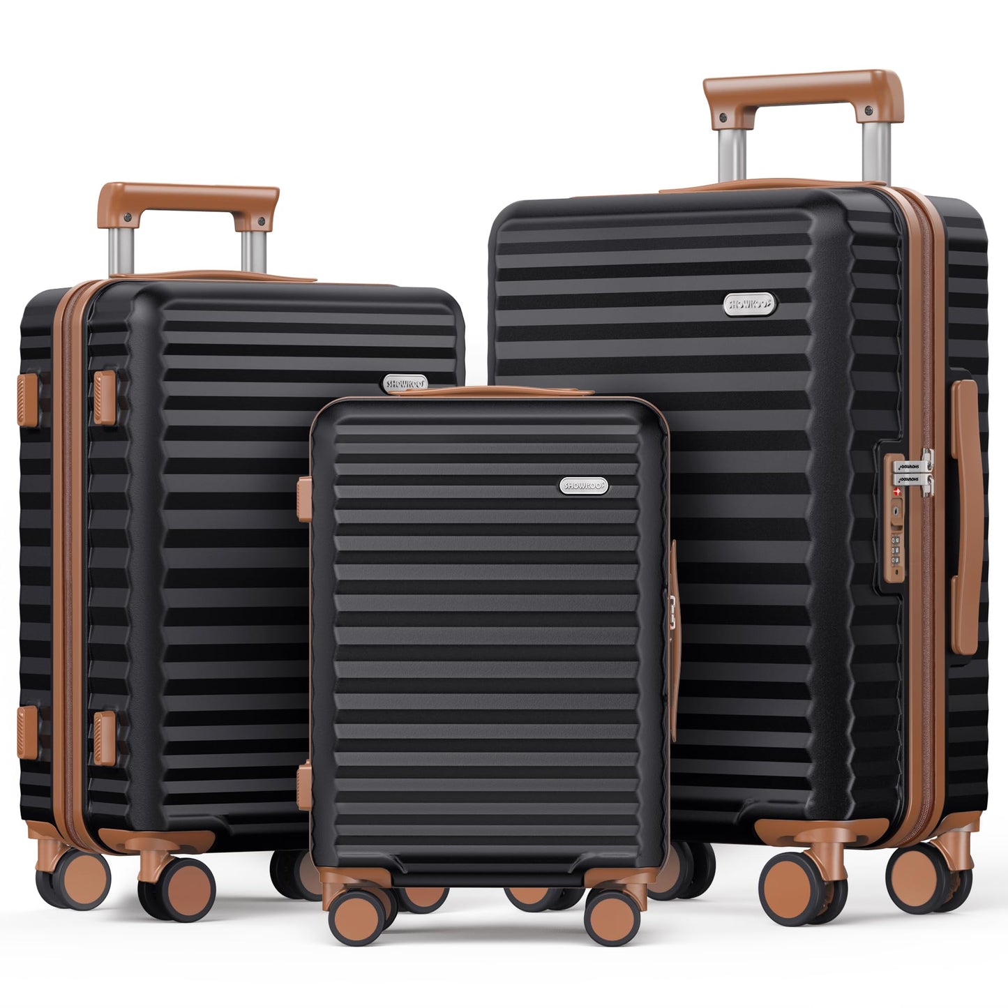 SHOWKOO Suitcase Sets 3 Piece Hardshell 100% PC Expandable Lightweight Carry on Travel Hand Luggage with Double Spinner Wheels & TSA Lock, Elegant Black