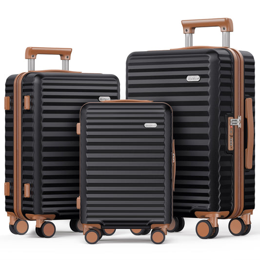 SHOWKOO Suitcase Sets 3 Piece Hardshell 100% PC Expandable Lightweight Carry on Travel Hand Luggage with Double Spinner Wheels & TSA Lock, Elegant Black