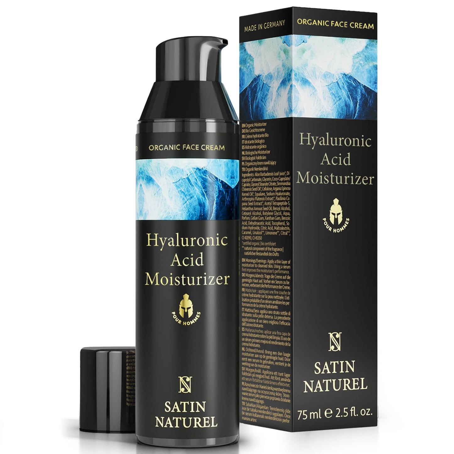 Satin Naturel Hyaluronic Acid Face Moisturiser for Men 75ml - Organic Mens Skincare & Anti Aging face Cream with Aloe Vera - Day & Night Cream - Mens Moisturiser Face for a Daily Efficient Skincare
