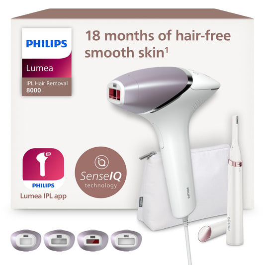 Philips Lumea Series 8000, IPL Hair Removal Device, with SenseIQ Technology, 4 Attachments for Body, Face, Bikini and Underarms, Satin Compact Pen Trimmer, Model BRI949/00