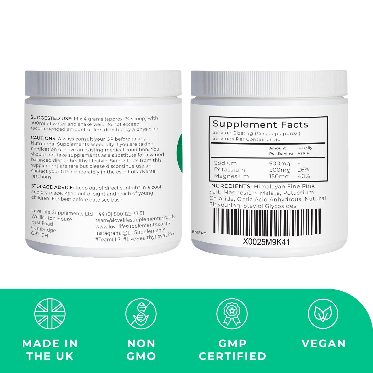 Ultimate Electrolytes Powder, 500mg Sodium, 500mg Potassium, 150mg Magnesium, 120g - 30 Servings, Pink Himalayan Salt for Hydration, Watermelon Flavour, Sweetened with Stevia - Love Life Supplements