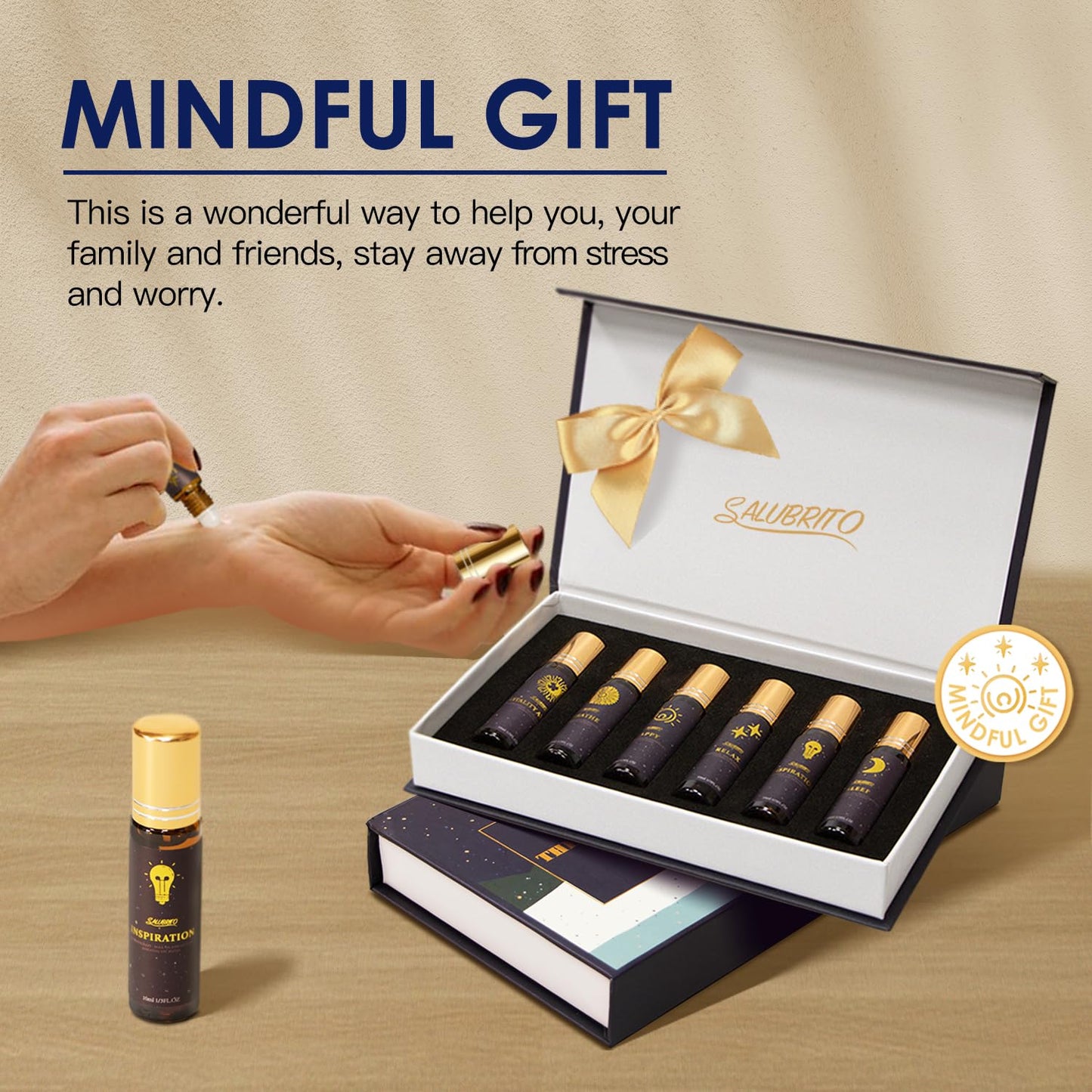 SALUBRITO Essential Oil Roll On Set, 6x10ml Aromatherapy Oil Roller Ball with Lavender, Peppermint Essential Oil Blend for Skin, Anxiety Relief, Relaxation Gift for Women - Sleep, Breathe