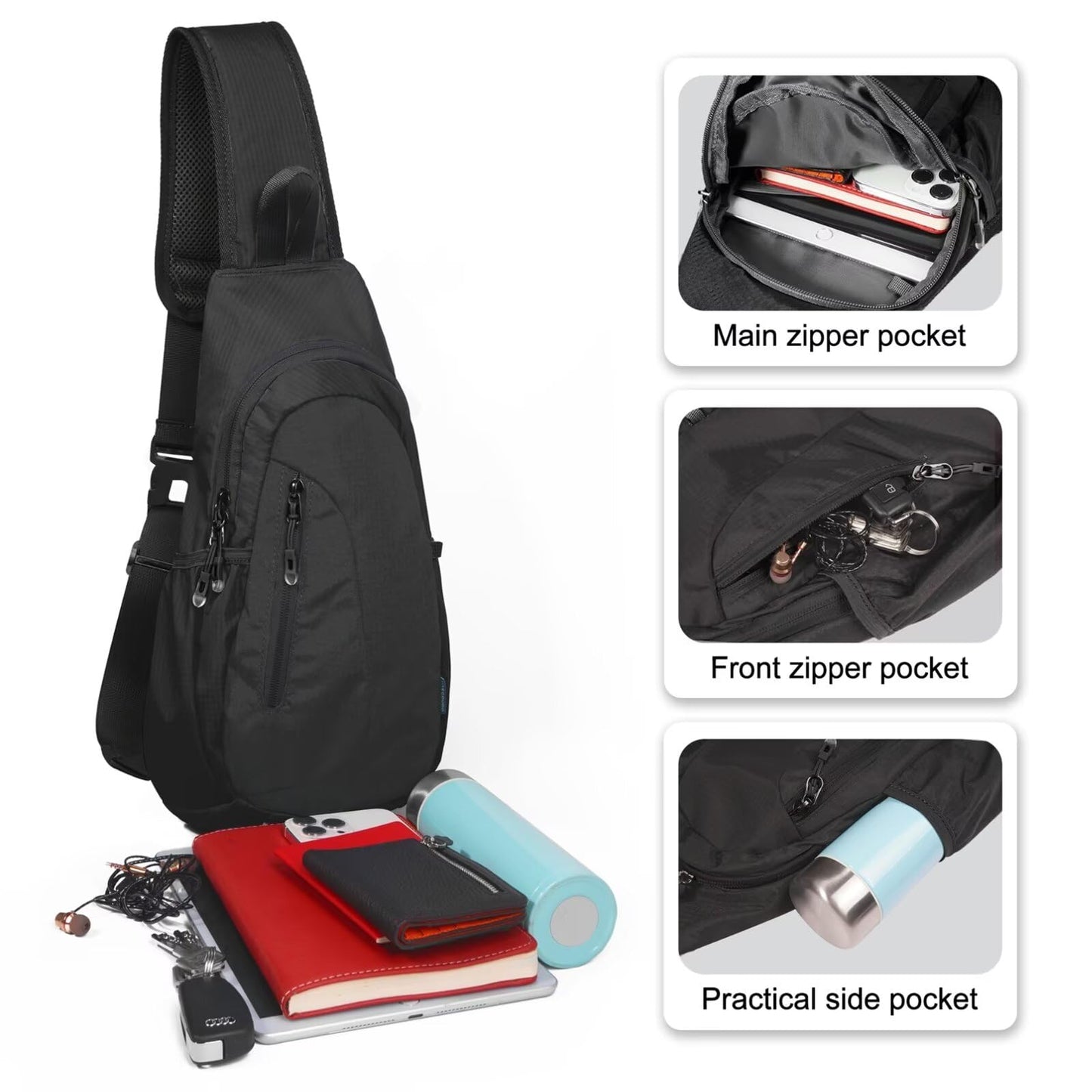 TITECOUGO Small Sling Bag Lightweight Crossbody Bag for Women Rucksack for Men Running Backpack Travel Chest Pack Shoulder Daypack for Hiking Outdoor Gym Work Sports Black/Black