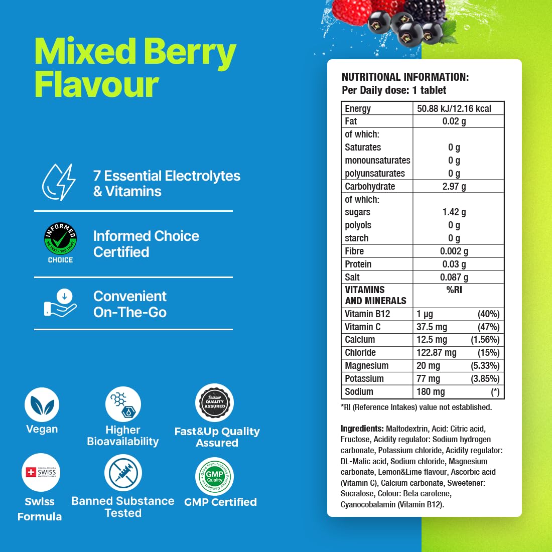 Fast&Up Reload – Mixed Berry Flavour – 80 Effervescent Tablets – Instant Electrolytes for Rapid Hydration & Energy - Added Vitamin C & B12 for Performance, Wellbeing, Travel & Recovery –Vegan