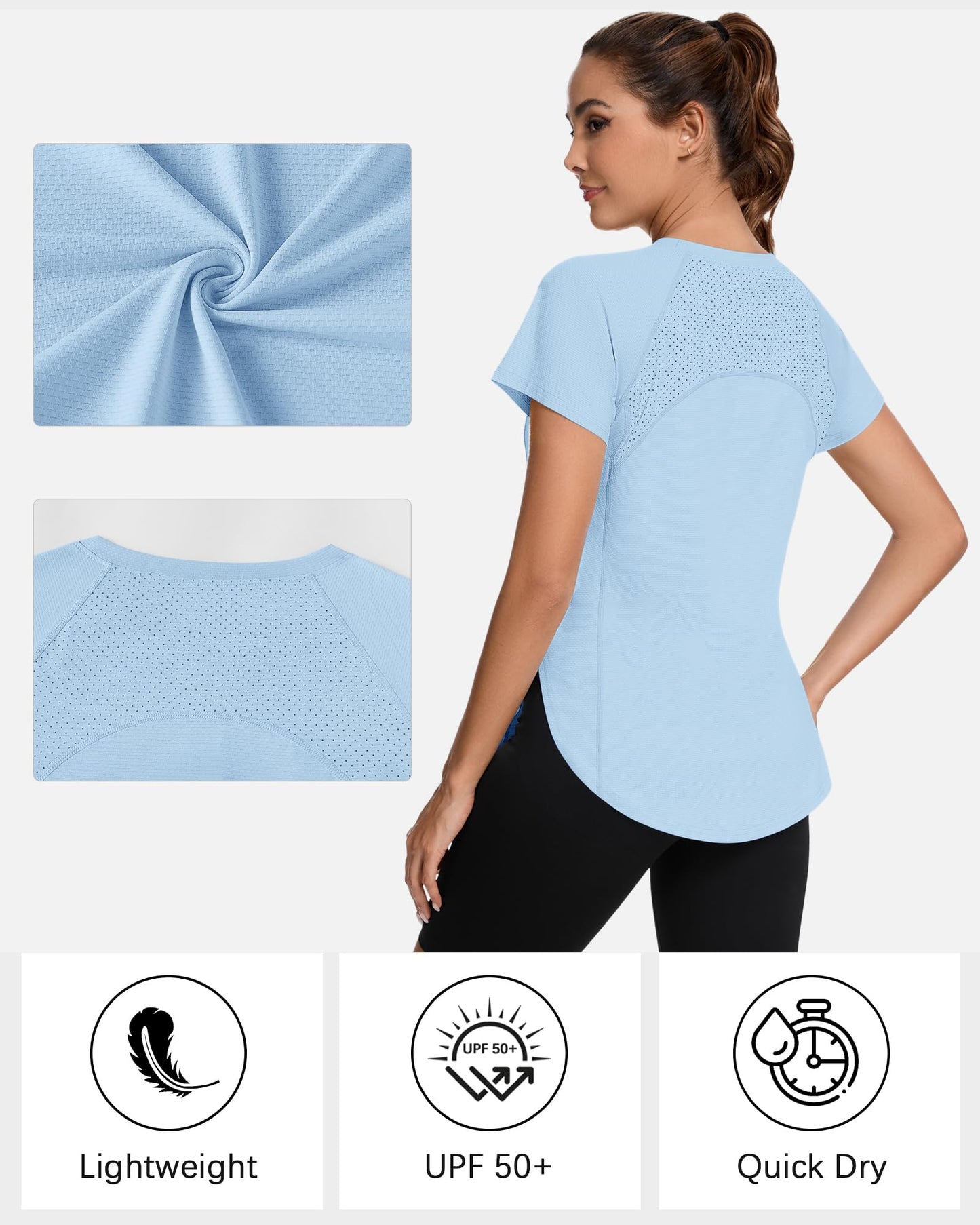 IECCP Women's Gym Shirts Sports T-Shirt Short Sleeve Crew Neck Lightweight Moisture Wicking Quick Dry Running Top with Back Breathable Mesh Sport T-Shirt UV Protection Blue XL
