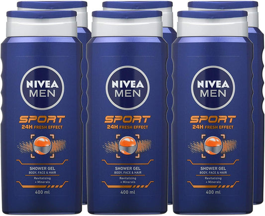 NIVEA MEN Sport Shower Gel (6 x 400ml), Refreshing Body Wash with Lime Scent, All-in-1 Shower Gel for Men, Strong NIVEA MEN Shower Gel