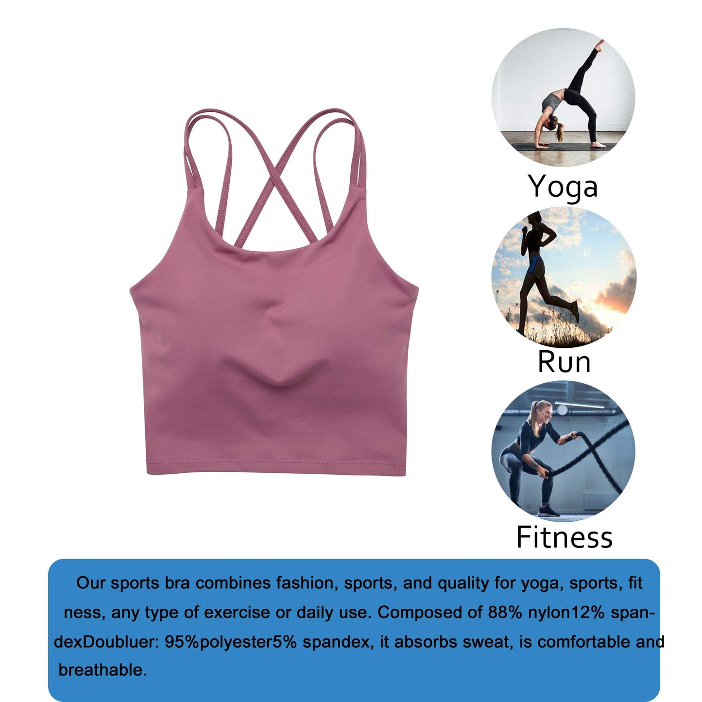 ZAIQUN Women Padded Sports Bra Wirefree for Fitness Workout Running Shirts Yoga Tank Top Rose Purple
