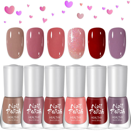 DMQ Nail Polish Set, 6Pcs Quick Dry & Long Lasting Nude Pink Red Nail Varnish - Non-Toxic Water Based Holographic Nail Polish Gel - No Need UV Nail Paint for DIY Nail Art Manicure at Home 8ML