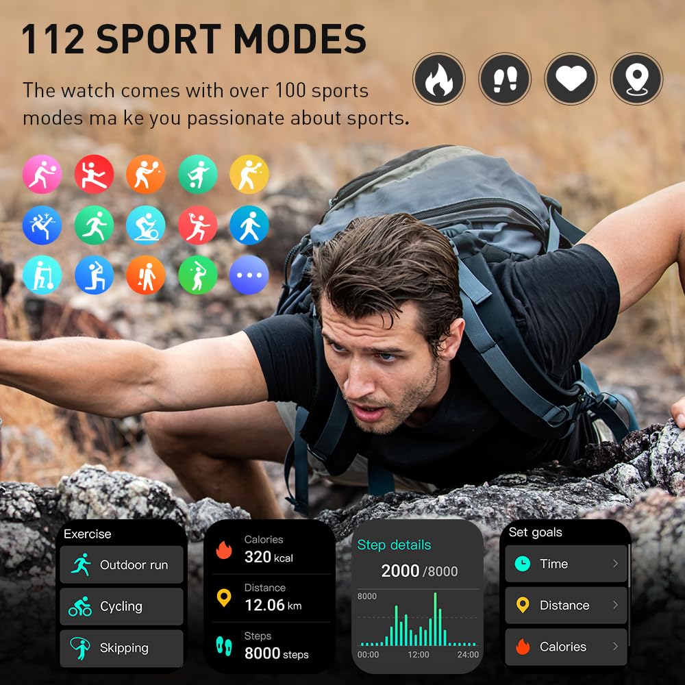 Smart Watch for Men Women Answer/Make Calls, 1.96" HD Smartwatch, Fitness Watch with Heart Rate/Sleep Monitor/Pedometer, 110+ Sports Activity Trackers, IP68 Waterproof Fitness Tracker for iOS Android