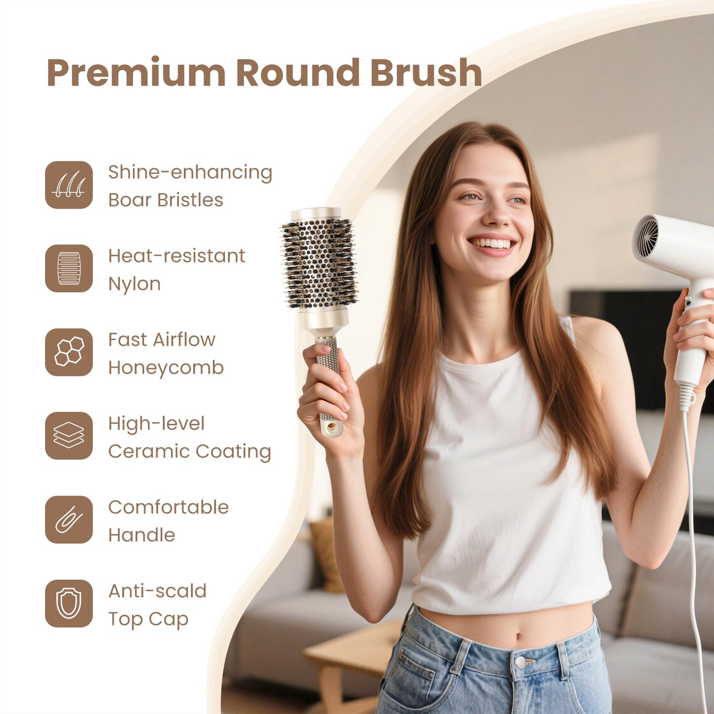 AIMIKE Round Brush for Blow Drying, Large Round Hair Brush for Long Hair, Nano Thermal Ceramic & Ionic Tech for for Creating Voluminous, Smooth, and Seek Styles - (Barrel 53mm,84mm w/Boar Bristles)