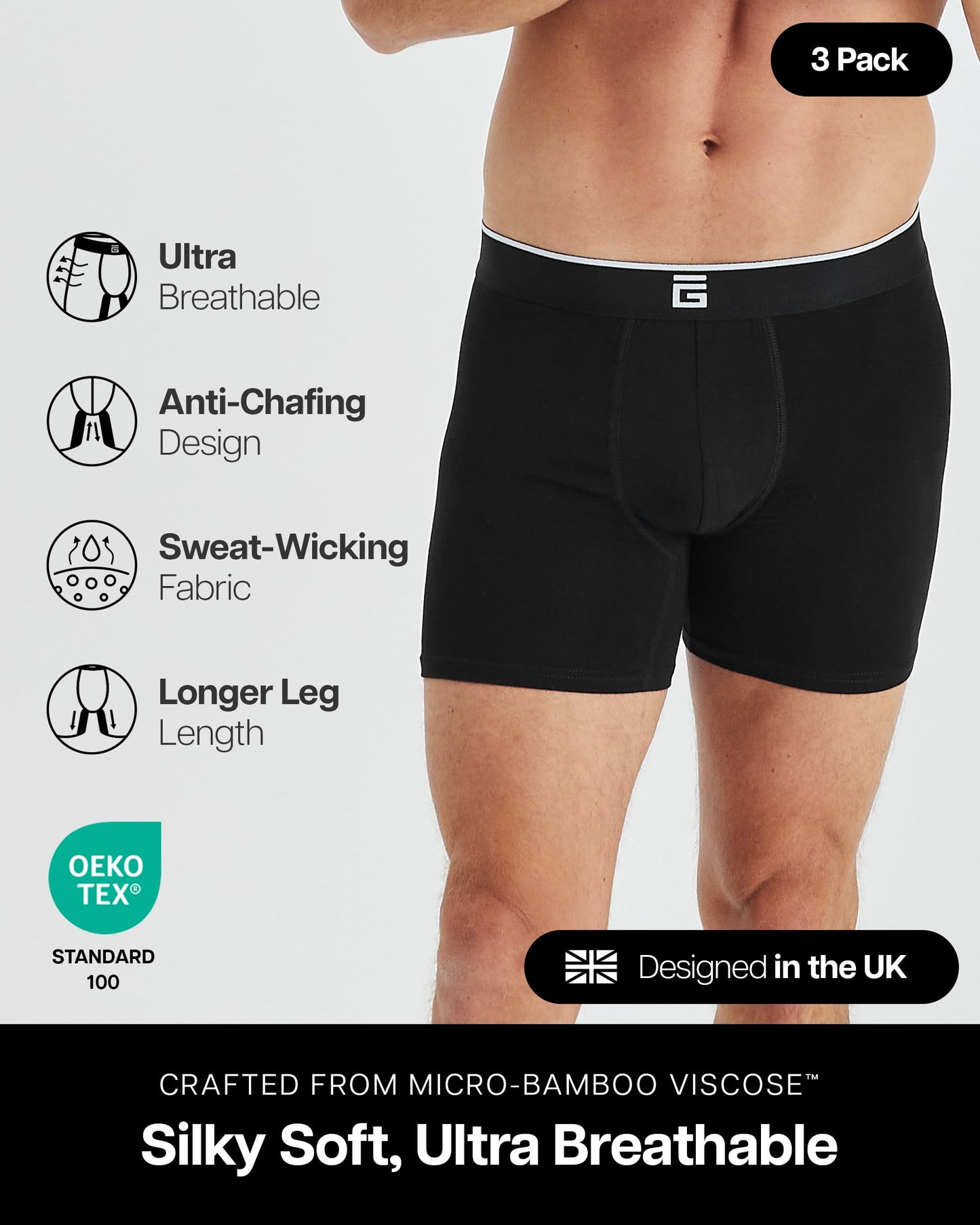 Giovici Mens Boxers Bamboo Anti Chafing Soft Comfortable Boxer Briefs Longer Leg - Boxer Shorts Multipack - Moisture Wicking Technology (3 Pack, Black, L)
