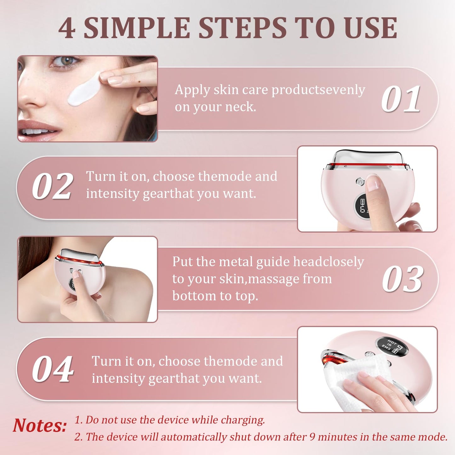Face Massager Electric Sculpting Device: Facial Neck Massager Beauty with 9 Adjustment Levels 4 Modes - 45°C Heat EMS Microcurrent Technology 3 LED - Face Lifting Device GuaSha Tool for Skin Body Care