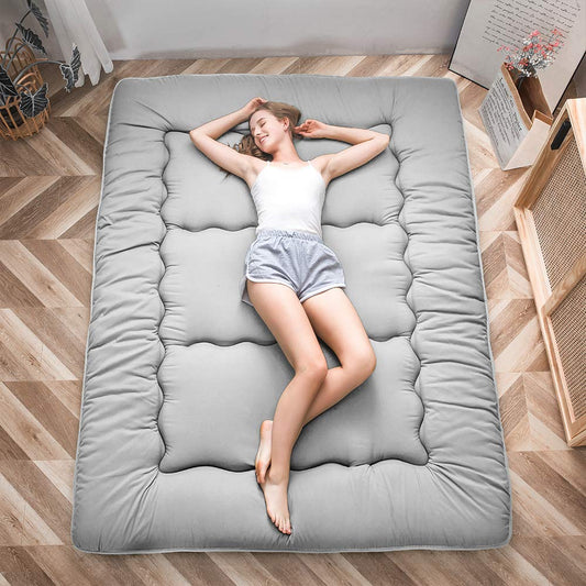 MAXYOYO Japanese Floor Futon Mattress, Thicken Tatami Mat Sleeping Pad Foldable Roll Up Mattress Dormitory Lounger Pillow Bed (Single, Gray)