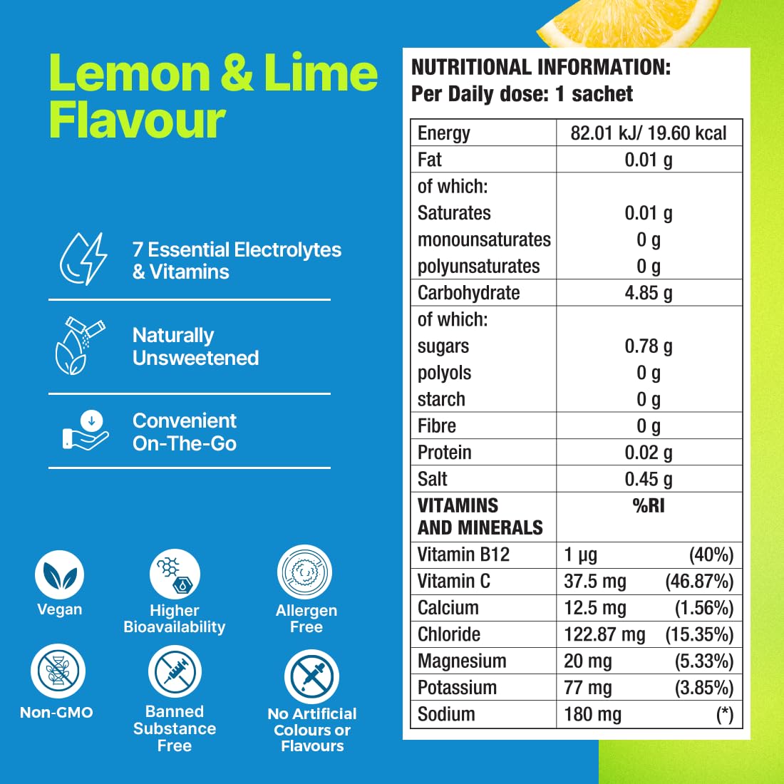 Fast&Up Reload Electrolyte Powder Drink Mix |15 sachets| 5 Electrolytes & Vitamins for Instant Hydration & Energy | (Lemon & Lime)