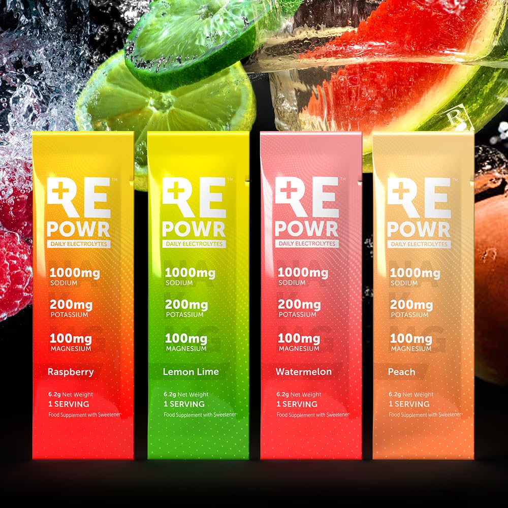 REPOWR - Healthy Electrolyte Powder Sachets | No Sugar. No Carbs. No Calories. | Hydration for Clean Diets, Fasting and Exercise | 40 Sachets Variety Pack - Raspberry, Lemon Lime, Watermelon & Peach