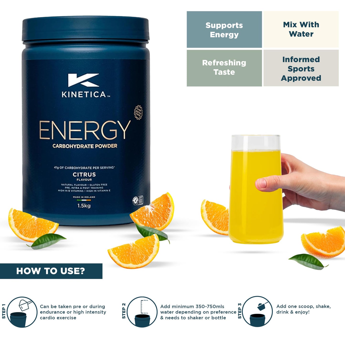 Kinetica Sports Energy Powder - Citrus Flavour | 41g Carbs/Serve, 30 Servings/1.5Kg | 3:1 Glucose to Fructose Ratio | High in Vitamin B1, B5, B6, B7, B12 | Instant Energy Carbohydrate Drink