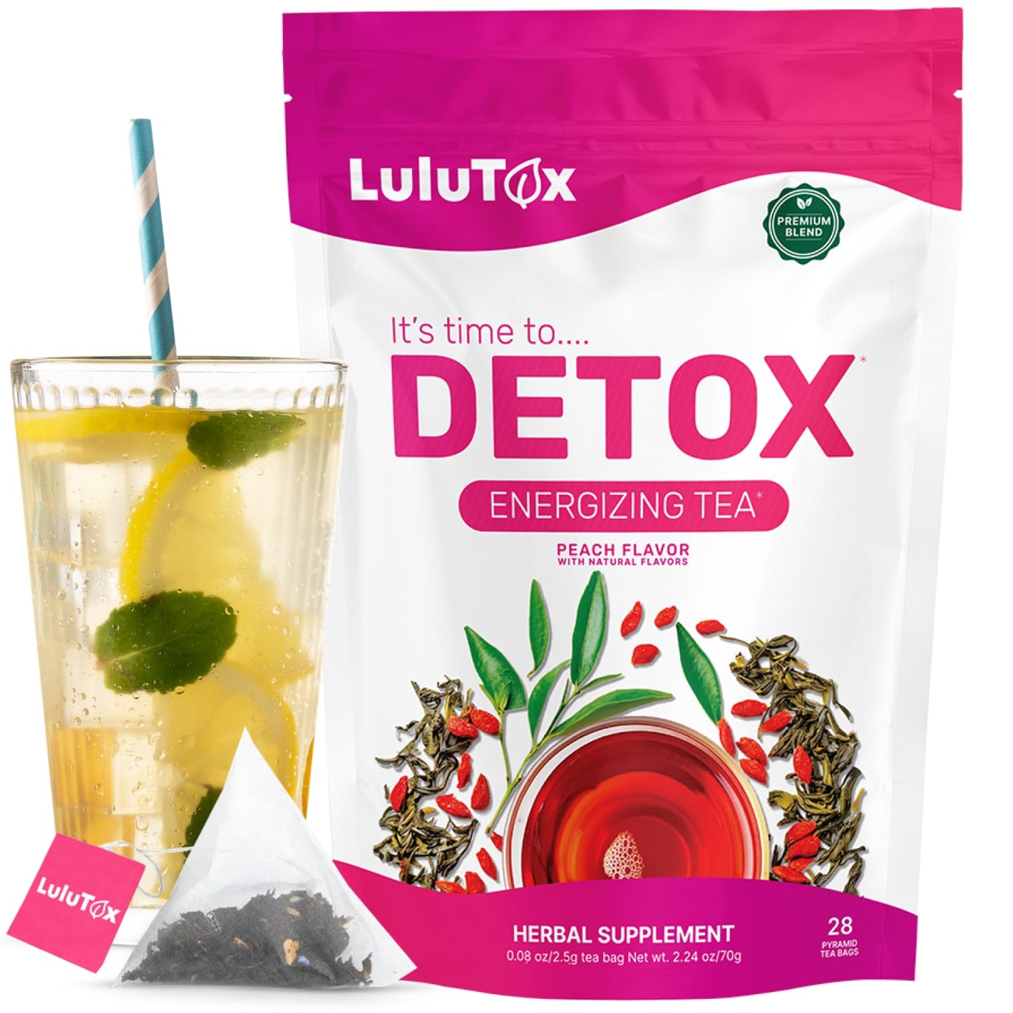 LULUTOX Original Detox Tea - Herbal Blend with Dandelion, Ginseng, and Ginger - Supports A Healthy Weight, Digestive Health - Vegan, All Natural, Laxative-Free - Peach Flavor (28 Servings)