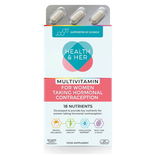 Health & Her Multivitamin Supplement for Women Taking Hormonal Contraception - Nutrition Support for Women & Teen Girls on The Pill - 1 Month Supply, 60 Tablets - Vegetarian & Gluten Free