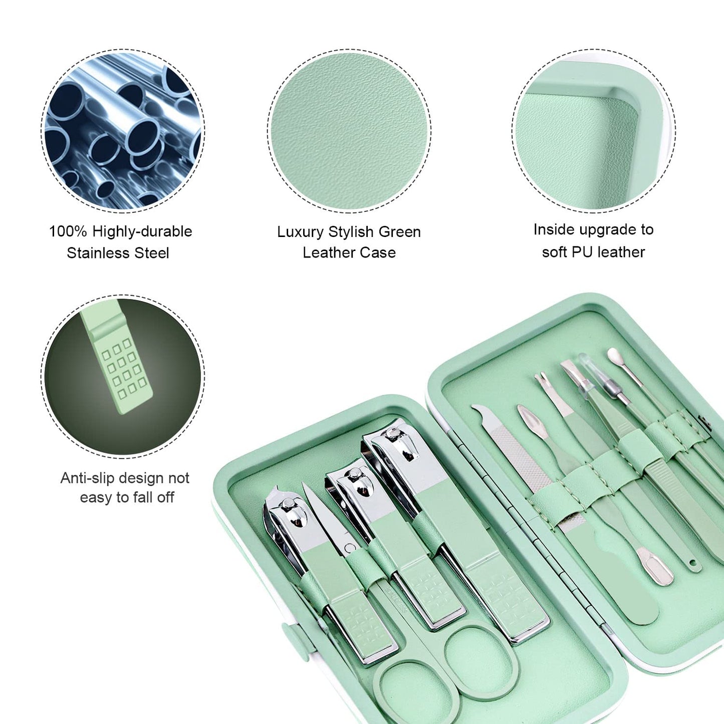 Manicure Set 10pcs Professional Nail Clippers Kit Pedicure Care Tools-Stainless Steel Grooming Tools for Travel (Green)