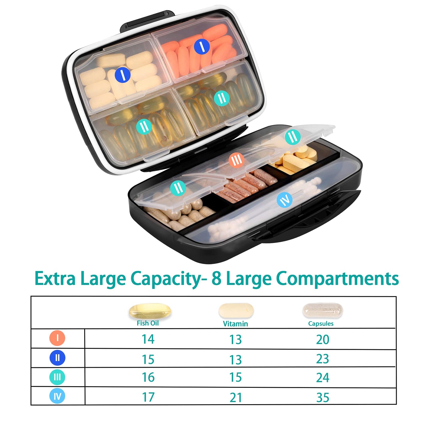 Fullicon Travel Pill Box Organiser Large Portable, Oversize 8 Compartment Pill Boxes/Holder, Vitamin/Medication Case - Airtight & Moistureproof (Black)