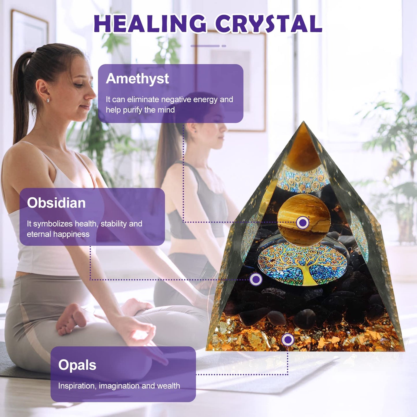 Obidodi Crystal Pyramid, Moonstone Ogan Chakra Energy Tower, Positive Generator, Nature Reiki Crushed Stone Jewelry for Healing Meditation Balance (Tiger Eye Stone)