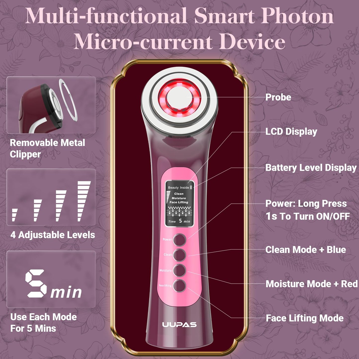 Smart Photon Micro-Current Device - UUPAS LED Red Blue Light Therapy Wand Device for Face - Radio Frequency and EMS Microcurrent Facial Machine - Skin Tightening，Lifting，Anti Aging Facial Massager