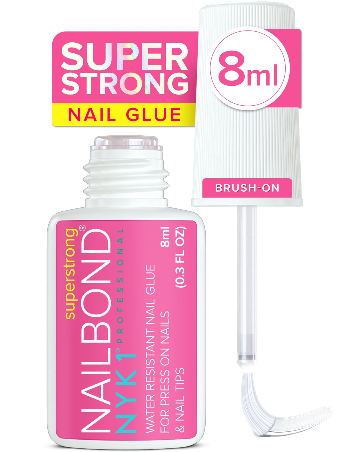 Super Strong Nail Glue for Press On Nails, Tips & False Nails (8ml) NYK1 NailBond Brush On Nail Glue Extra Strong for Press Ons, Tips & Acrylics - Long Lasting, Maximum Strength, Mess-Free Application
