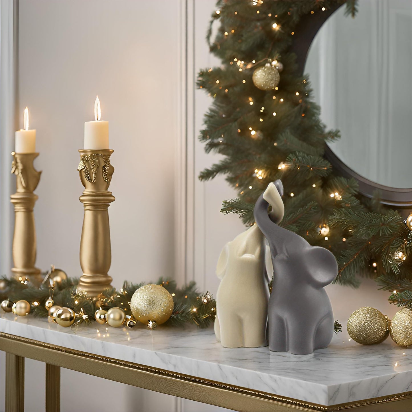 Loving pair of elephants in beige & grey - modern ceramic sculpture as a set - decoration figure 16cm high - elephant well suited as a gift