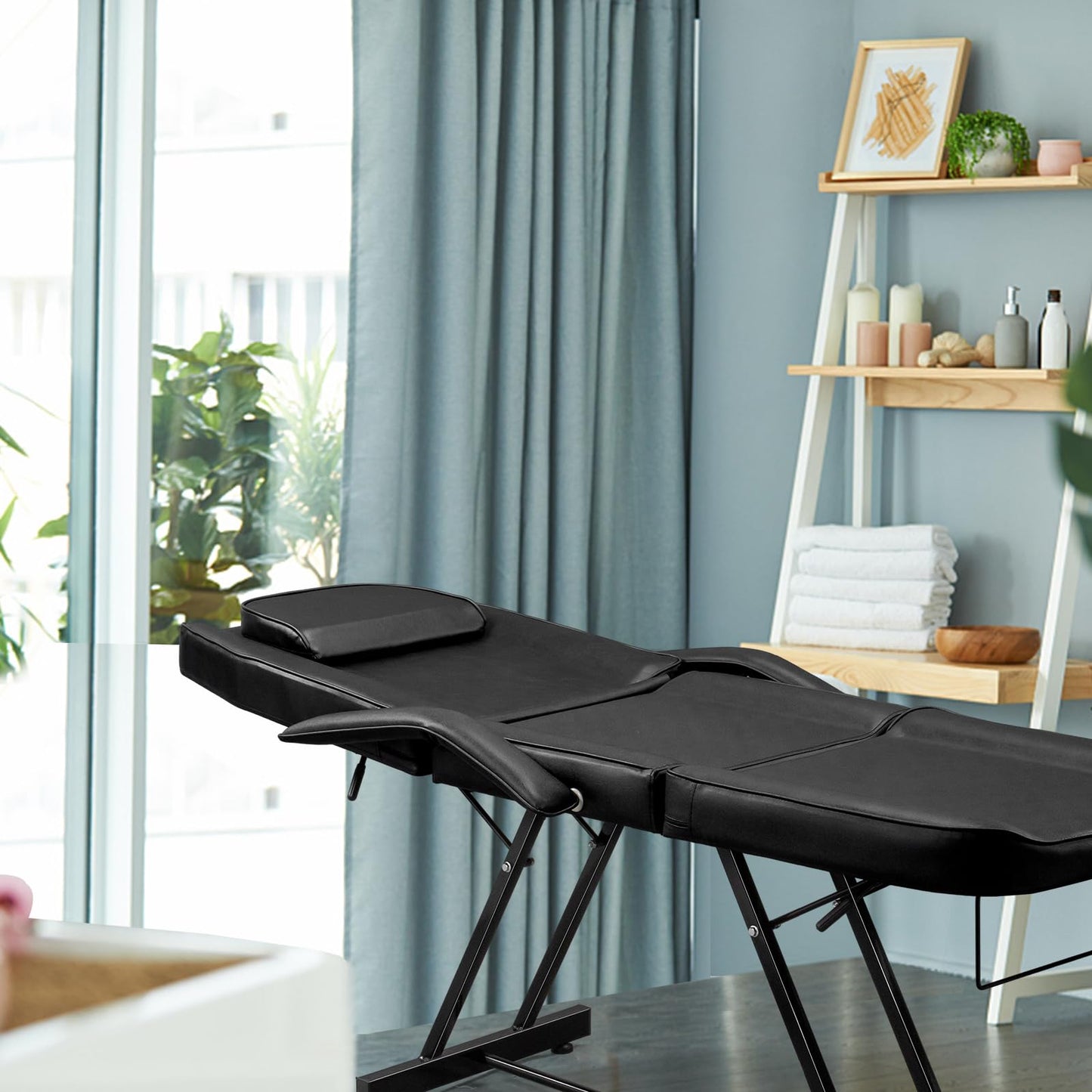 Bonnlo Professional Massage Table Tattoo Chair, Multi-Purpose 3-Section w/Adjustble Stool, Esthetician Bed Beauty Equipment for Spa Facial Waxing & Physical Therapy(Black)