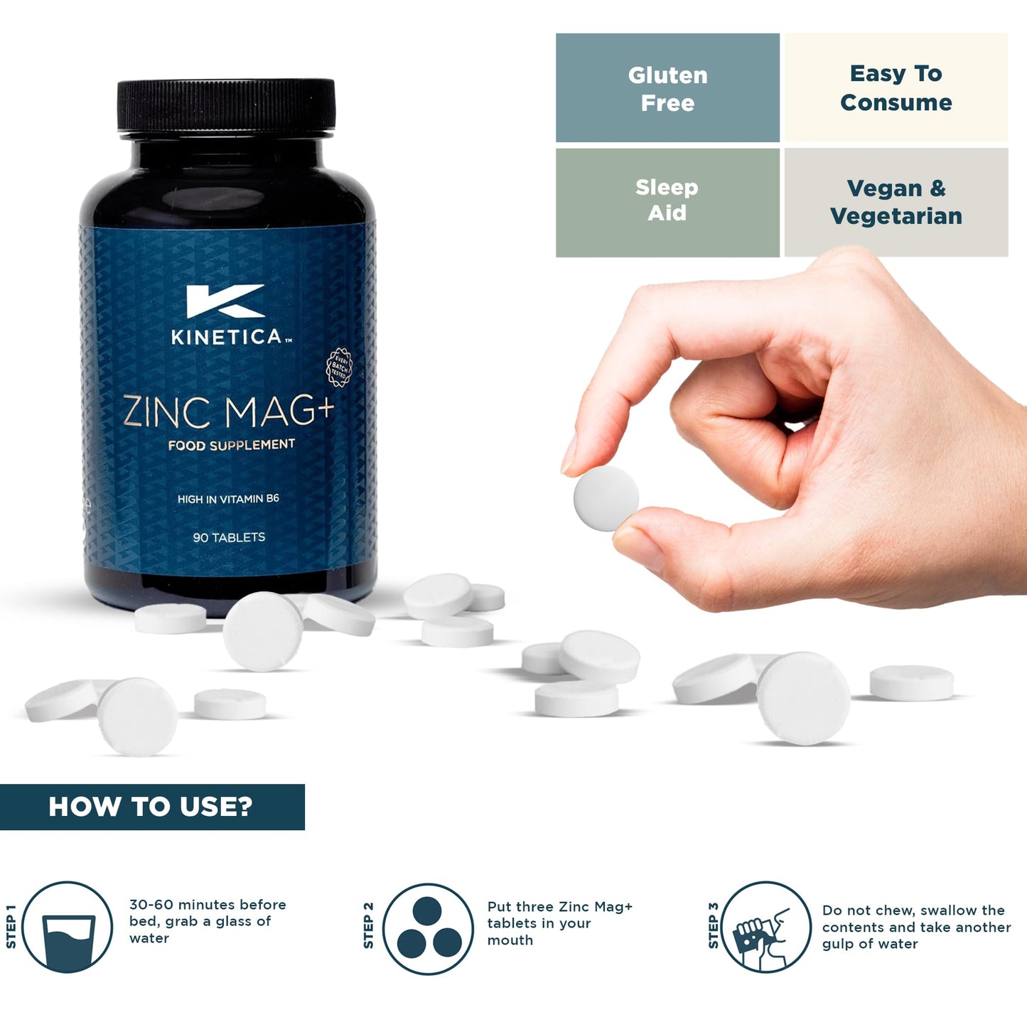 Kinetica Sports Zinc Mag+ | 420mg Magnesium, 16.5mg Zinc, 193μg Selenium & 4.8mg Vitamin B6/Serve, 30 Servings/90 Capsule Pack | 3 Capsules/Day| Scientifically Formulated Blend| Promotes Healthy Sleep