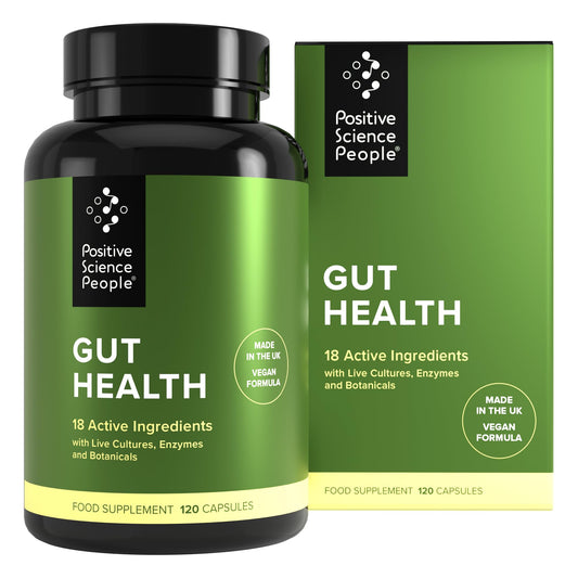Gut Health Capsules, Superior 4-in-1 Blend of Probiotics, Prebiotics, Digestive Enzymes & Soothing Herbs to Restore Your Gut, 18 Essential Nutrients & Bio Cultures, 120 Capsules, 30 Day Supply, Vegan