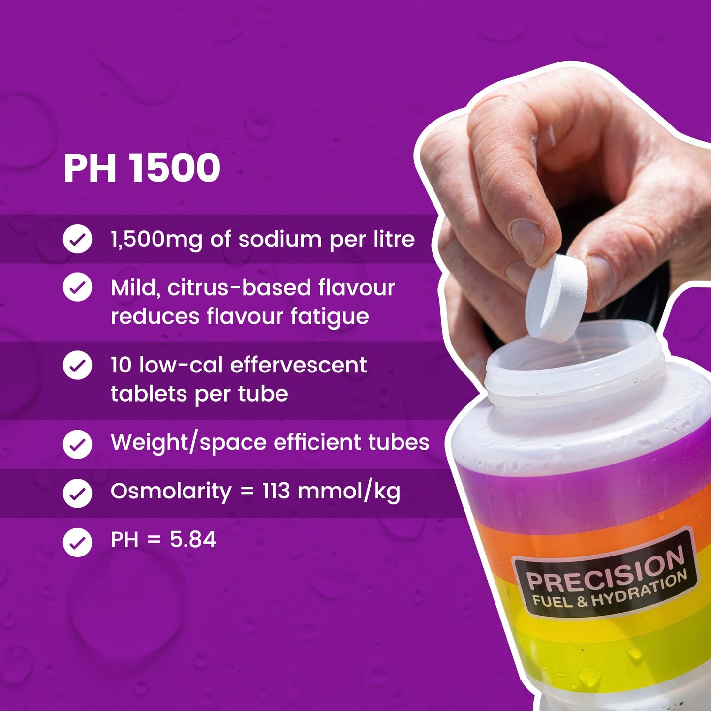 Precision Hydration Lite Electrolytes Tablets - Multi Strength Effervescent Hydration Tablet - Low Calorie, Gluten Free, Vegan/Vegetarian Friendly, Mild Citrus Flavour (1500mg/l - Purple, 1 Tube)