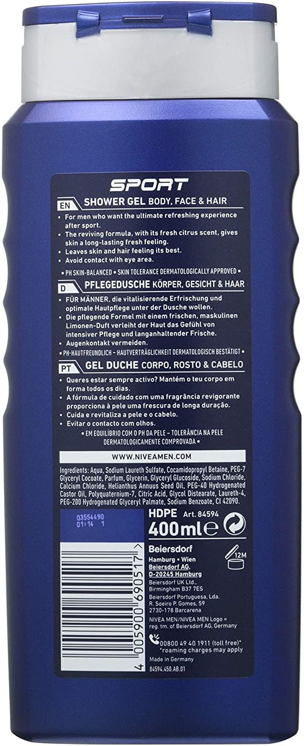 NIVEA MEN Sport Shower Gel (6 x 400ml), Refreshing Body Wash with Lime Scent, All-in-1 Shower Gel for Men, Strong NIVEA MEN Shower Gel