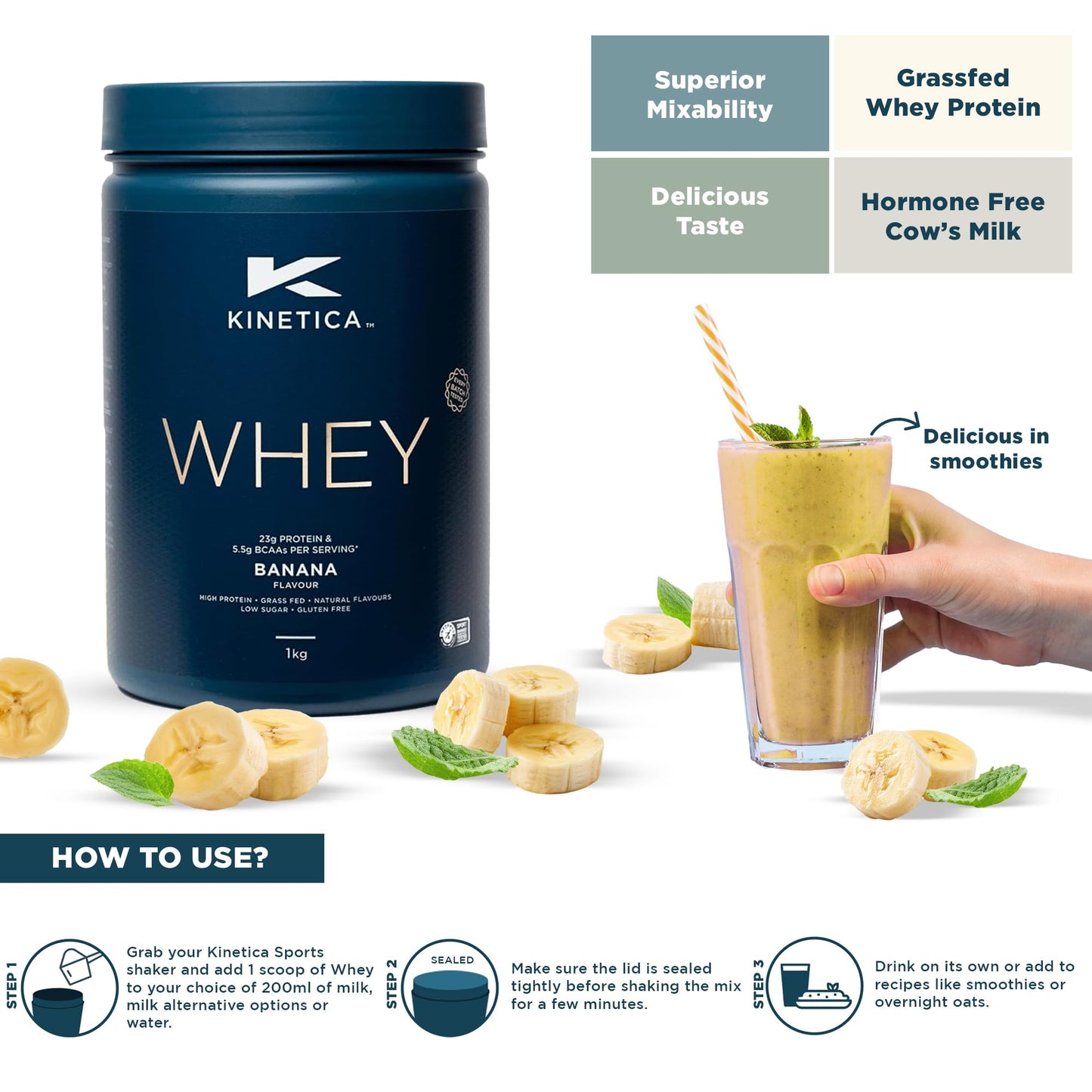 Kinetica Sports Whey Protein Powder - Banana Flavour | 23g Protein/Serve, 33 Servings/1Kg Pack | Gluten Free Supplement | Optimum for Muscle Growth & Recovery | Mixes Well with Water, Milk & Shakes
