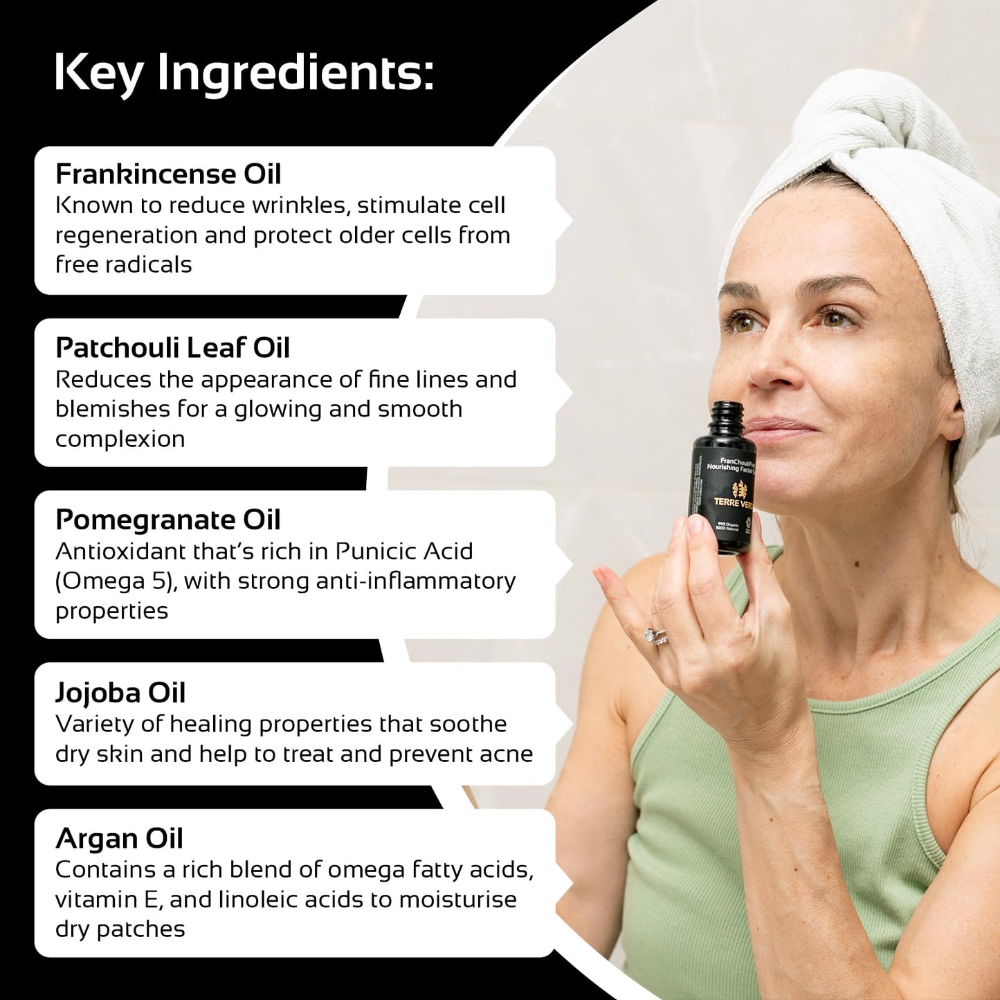 Terre Verdi Certified Organic Face Serum - FranChouliPom - Vegan Facial Serum - Anti Aging Face Serum & Face Oil with Argan Oil, Neroli, Frankincense, Patchouli, Pomegranate Oil - Cruelty Free - 30ml