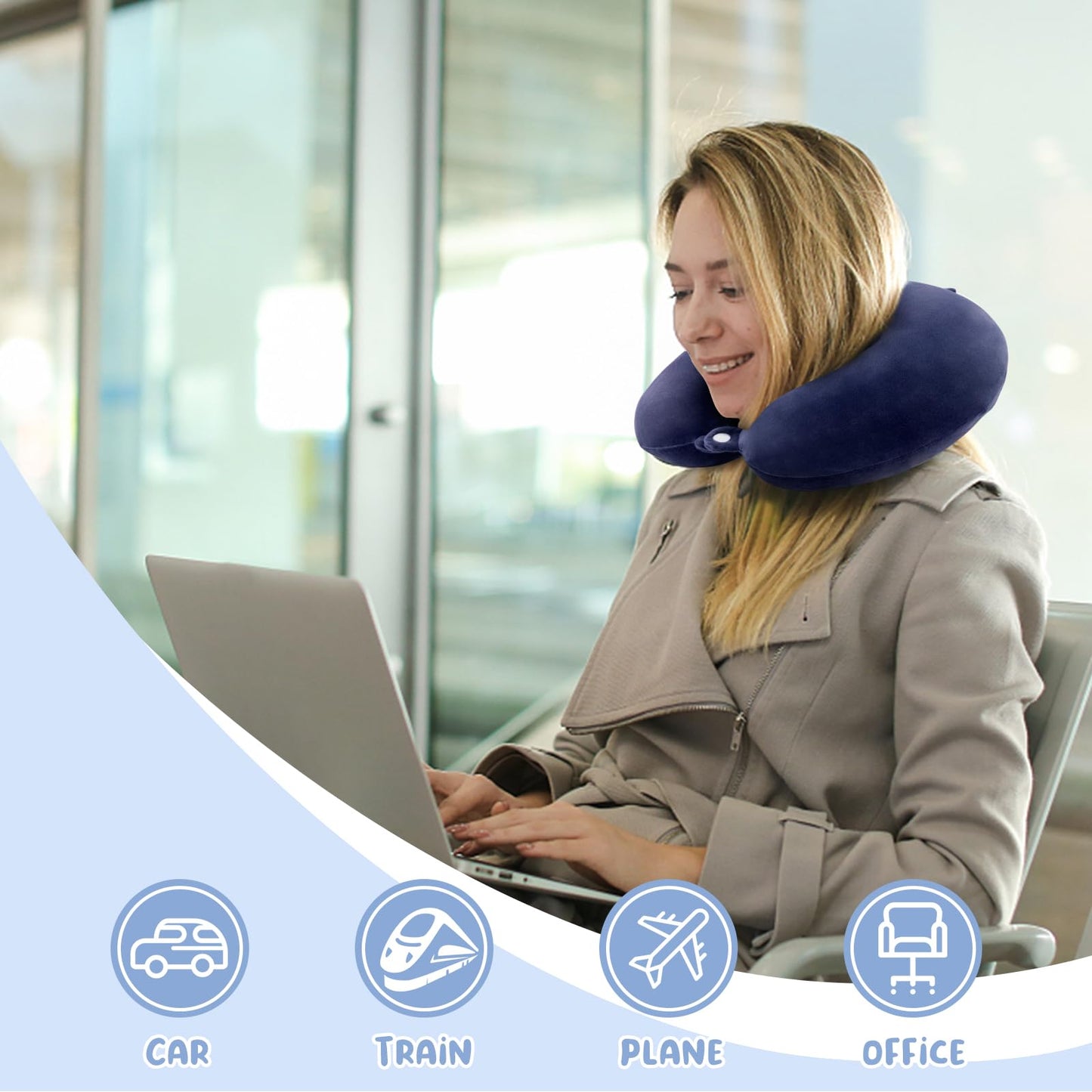 WENGX Travel Pillow Neck Pillow Memory Foam Travel Pillows Head Support Cushion for Airplane Train Car Office Travel Essential Flight Pillows for a Long Hauls Sleeping Rest (Navy Blue)