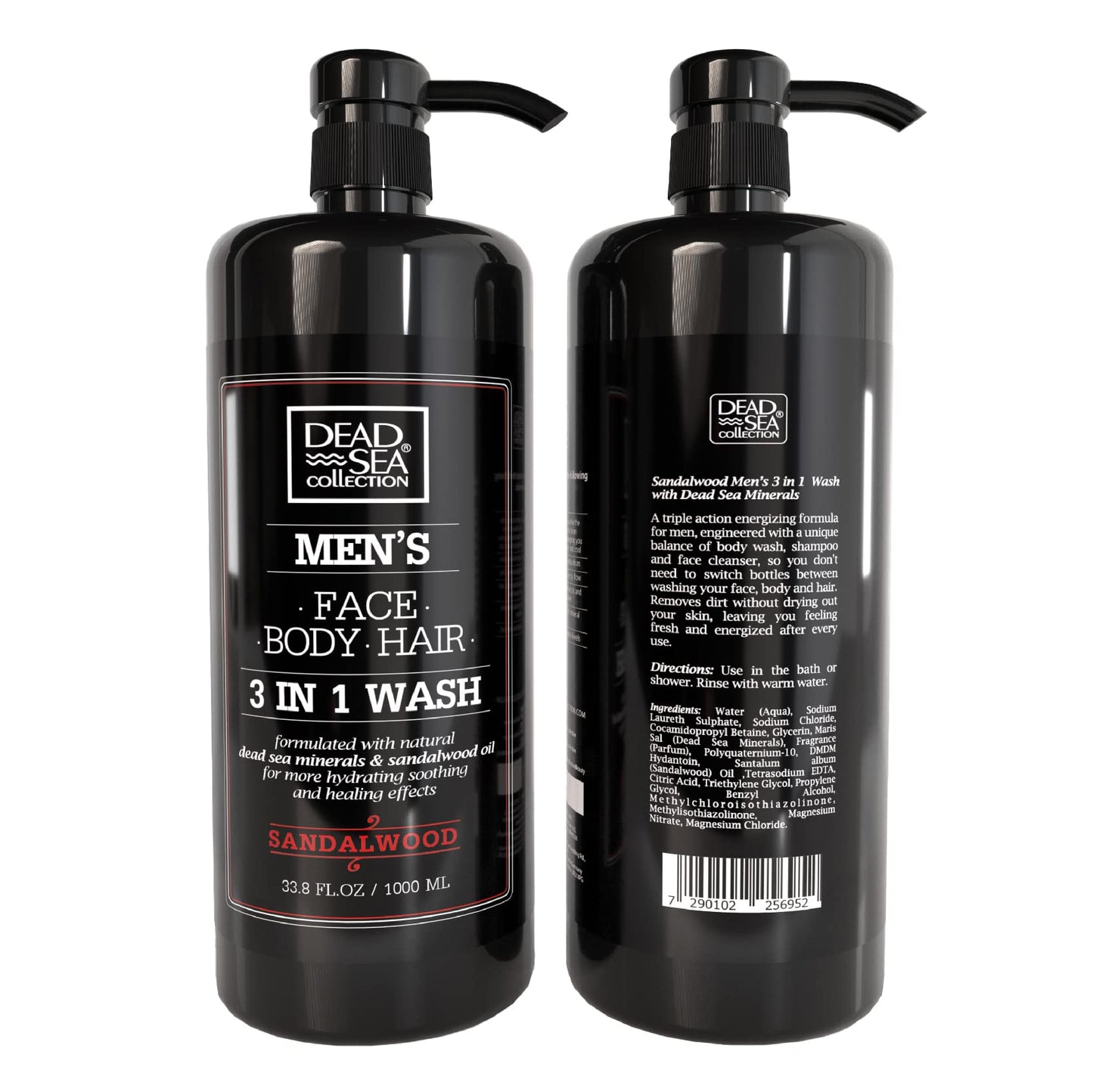 Dead Sea Collection Mens Shower Gel 3 in 1 with Sandalwood Oil and Dead Sea Salt - Body Wash, Shampoo for Men, Face Wash - Pack of 2 (1000 ml. each)