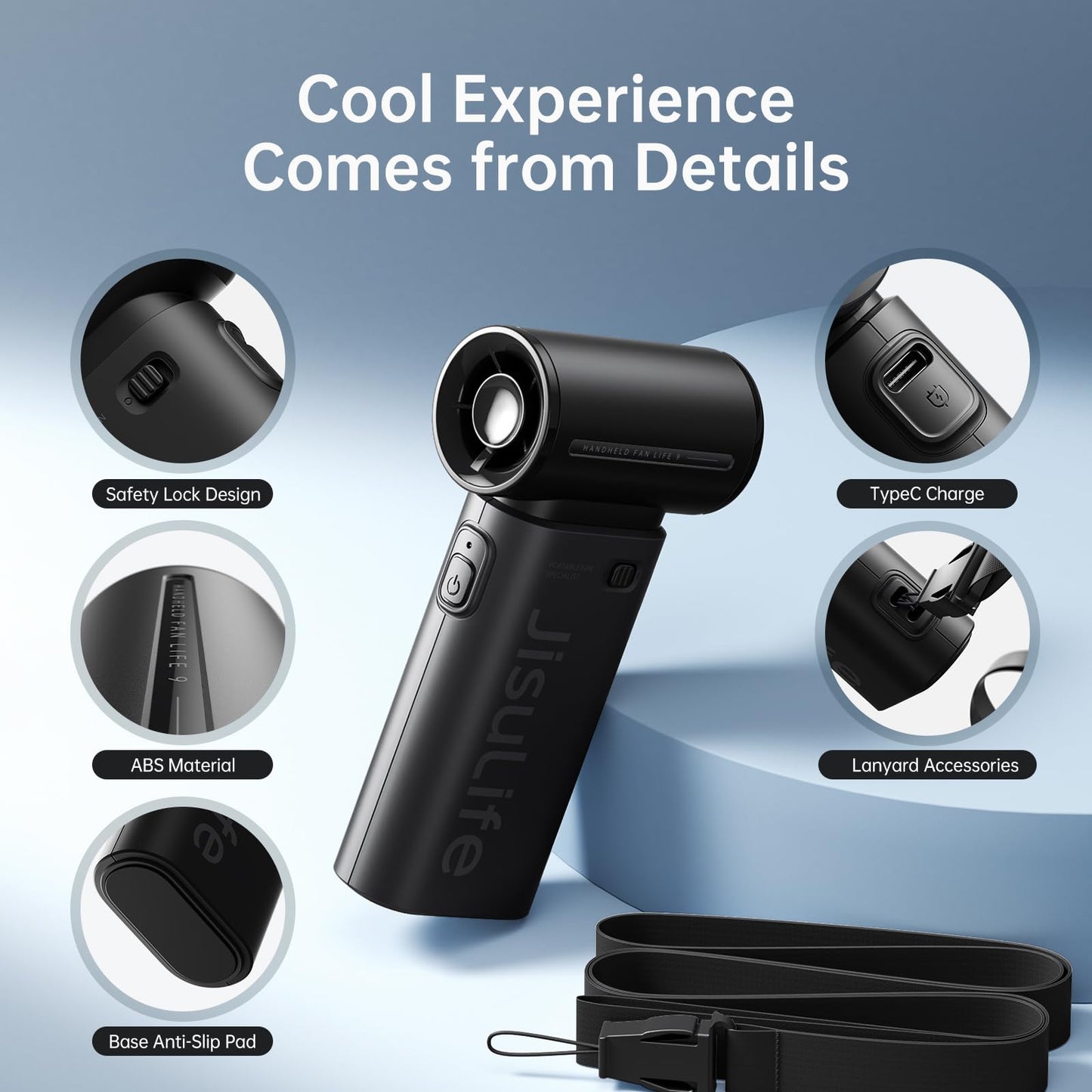 JISULIFE Portable Handheld Fan Life9, Turbo Power High Speed Air [18H Max Cooling Time], 5 Gear Wind, 5000mAh Rechargeable, Mini Pocket Design, Personal Fan for Travel Concerts Cruise Makeup - Black