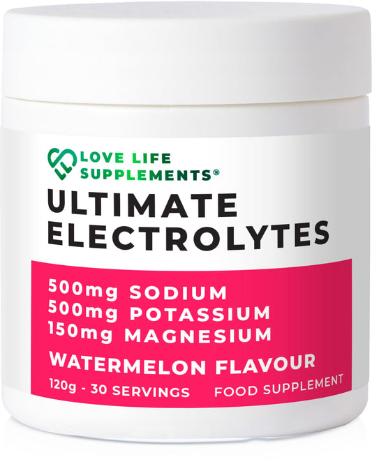 Ultimate Electrolytes Powder, 500mg Sodium, 500mg Potassium, 150mg Magnesium, 120g - 30 Servings, Pink Himalayan Salt for Hydration, Watermelon Flavour, Sweetened with Stevia - Love Life Supplements