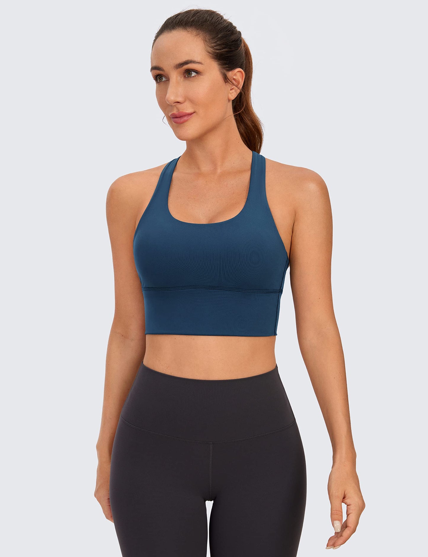 CRZ YOGA Women's Longline Strappy Sports Bras Fitness Bra Wirefree Padded Yoga Crop Tops with Built in Bra French Navy S