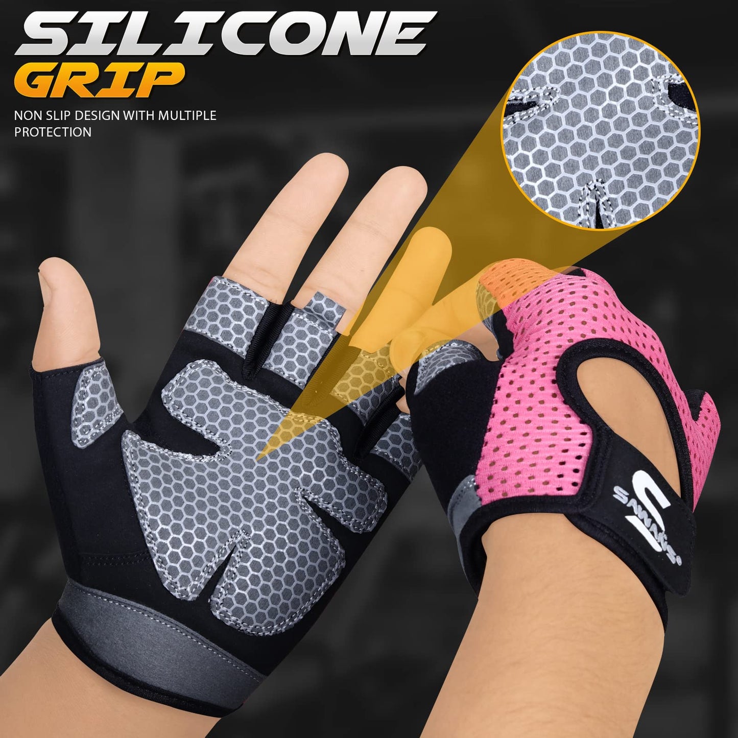 SAWANS Gym Gloves for Men & Women Weight Lifting Fitness Gloves Breathable Ladies Gloves Training Non-Slip Silicone Padded Palm Grip Protection Exercise Workout Cycling Pull ups Microfiber (Pink, M)