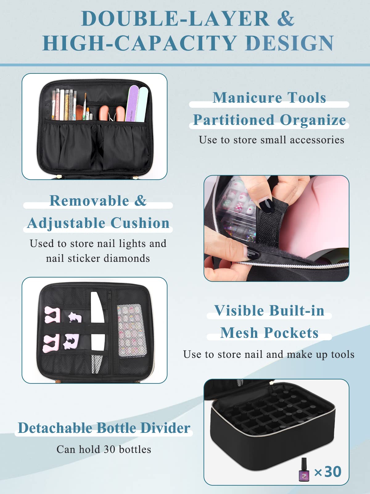 Nail Polish Organiser Makeup Bag: Double Layer Travel Nail Varnish Storage Bags Holds 30 Bottles(15ml-0.5fl.oz) and A Nail Lamp - Nail Polish Storage Vanity Case(Bag Only)